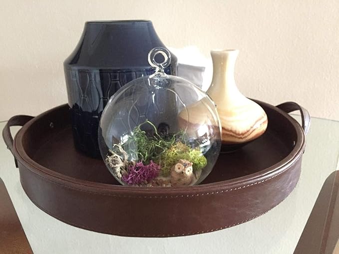 HofferRuffer Top Nocth PU Leather Round Serving Tray, Decorative Serving Tray with Handles, Coffee Tray, Ottoman Tray for Home Or Office, Diameter 14.6-inch, Brown