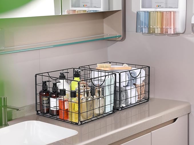 Metal Wire Basket Foldable Set of 4, Metal Bins for Organizing with PVC Sheet, 10.5x10.5in Wire Pantry Baskets Freezer Organizer Bins for Kitchen Closet Bathroom-Black