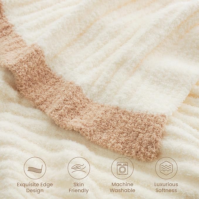 Snuggle Sac Fluffy Ribbed Cream Blanket Twin Size, Soft Luxurious Knit Throws, Fuzzy Plush Microfiber Blankets for Couch, Sofa, Bed, Cream, 60x80 inches