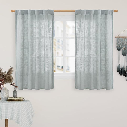 LAMIT Light Filtering Linen Curtains 45 Inch Length 2 Panels, Semi Sheer Window Panels Back Tab and Rod Pocket Neutral Drapes for Bathroom/Kitchen/Loft Room, Greyish Blue, 34 x 45 Inch