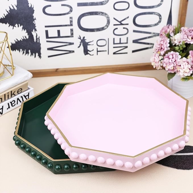 Pink Serving Tray for Coffee Table, Octagonal Beaded Plastic Decorative Tray for Ottoman, Kitchen Counter, Living Room, Outdoor Lacquer Tray for Entertaining