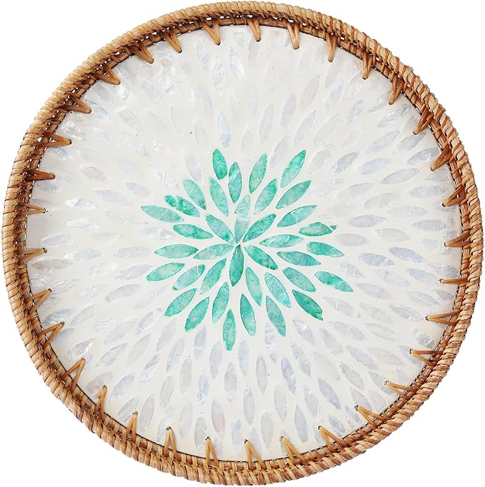 14" Large Rattan Serving Tray with Mother of Pearl, Round Coffee Table Tray Decor, Boho Decorative Hand-Woven Wicker Home Decor (Summer Green)