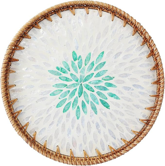 14" Large Rattan Serving Tray with Mother of Pearl, Round Coffee Table Tray Decor, Boho Decorative Hand-Woven Wicker Home Decor (Summer Green)