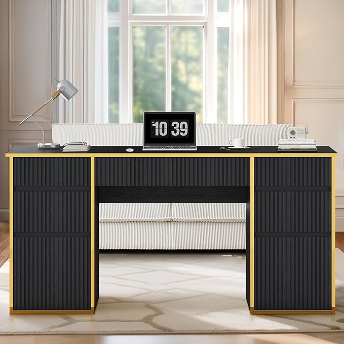 58 Inch Computer Desk with Drawers, Home Office Desk with File Drawers, Fluted Executive Desk with Storage for Study Writing, Living Room, Bedroom, Black and Gold