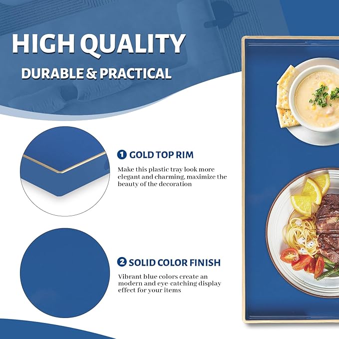 MAONAME Navy Blue Serving Tray with Handles, Modern Decorative Tray for Coffee Table, Plastic Rectangular Tray for Ottoman, Bathroom, Decor, 15.8” x 10.2” x1.4