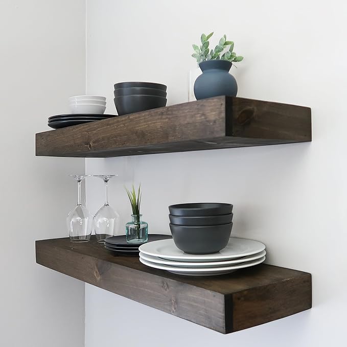 Urbandi Modern Floating Shelves 3 Inches Thick for Wall, Wide Shelves for Kitchen, Living Room, Bedroom, and Bathroom, Natural Pine Wood, Rustic Wooden Shelf, (Set of 2) (Jacobean, 60Lx3Hx8D)