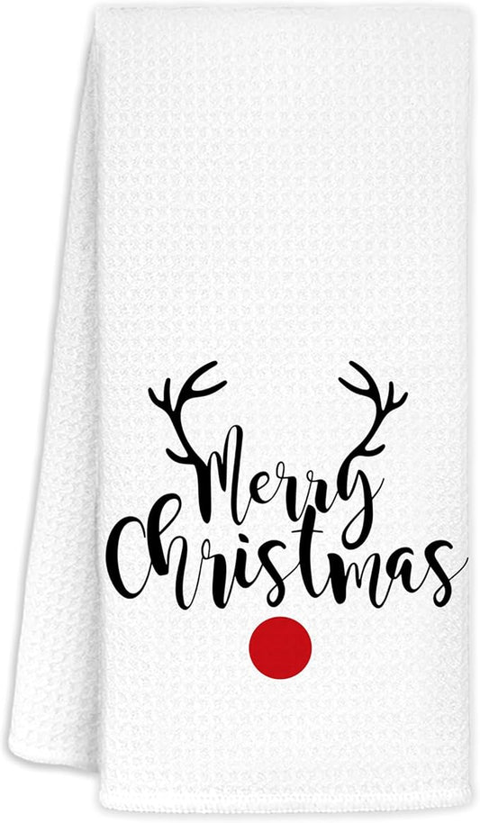 Christmas Red Nose Reindeer Decorative Hand Towels, Funny Christmas Dish Towels for Bathroom & Kitchen, 16x24 Inches
