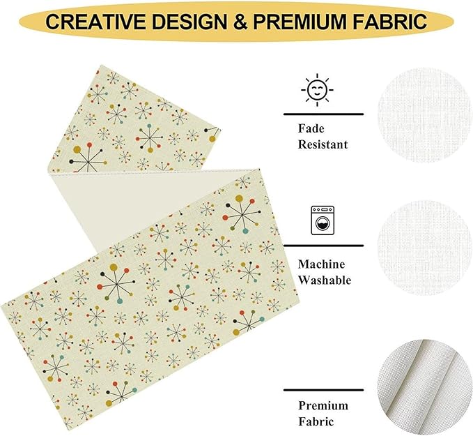 Mid Century Modern Table Runner, Retro 1950s 60s Abstract Style Colorful Geometric Atomic Coffee Table Center Decor for Home Kitchen Dining Patio Holiday Party Table Decorations 13x72 inches