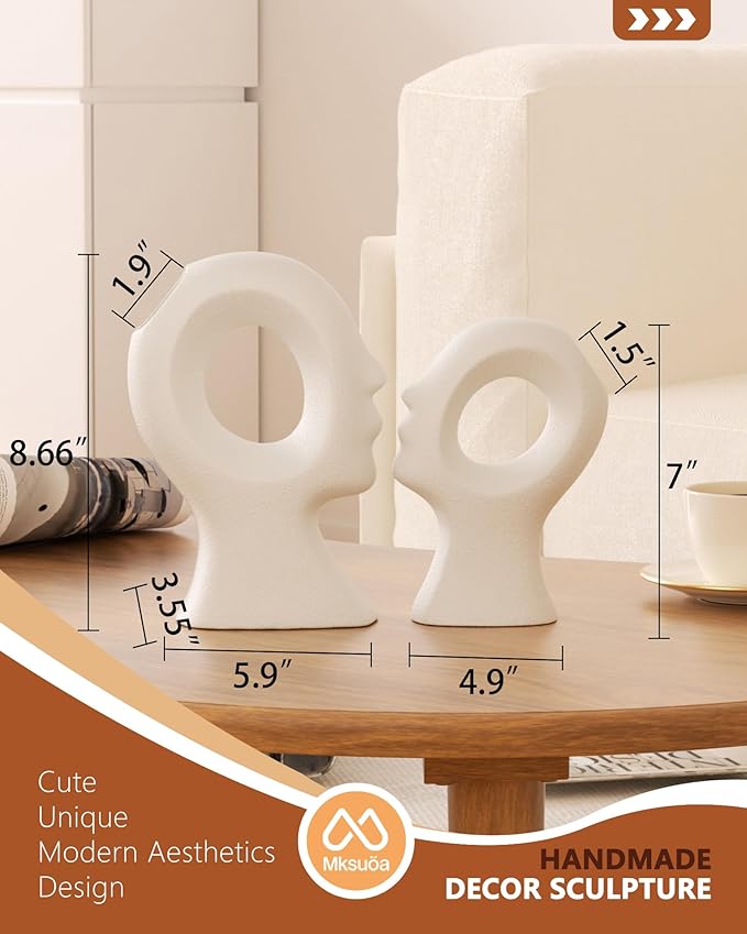 Couple Decorative Statues Set - Boho Style Modern Abstract Sculptures Home Decor, Ceramic Figurines for Living Room Coffee Table, Tv Stand, Mantles, Entryway, Console or Wedding Gifts (White)