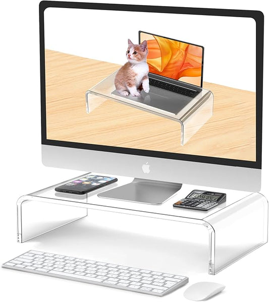 Acrylic Monitor Stand Riser Acrylic Laptop Stand for Desk Clear Computer Monitor Stand for Desk Accessories White Aesthetic Decorations for Office Home iMac Organizer