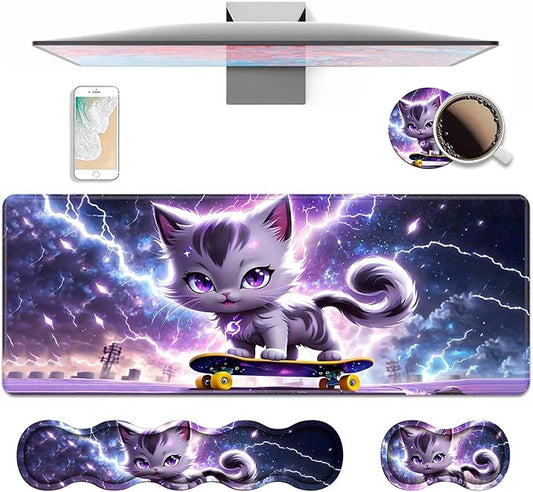 4 in 1 Ergonomic Keyboard Wrist Rest & Mouse Pad Wrist Rest Set, Large XXL Gaming Desk Mat 31.5"x 11.8" with Non-Slip Base, Memory Foam for Home Office Study Gaming, Cute Cat Playing Scooter