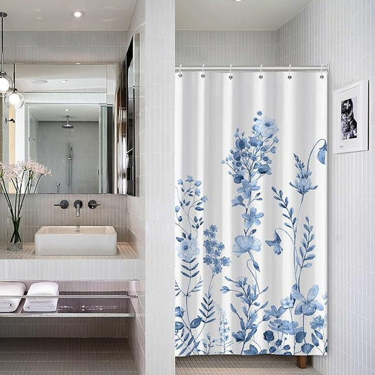 AWERT Small Half Size Stall Shower Curtain with 6 Hooks Shower Stall Curtain 36 x 72 Light Blue Floral 36 inch Shower Curtain for Bathroom/RV and Camper (Light Blue)