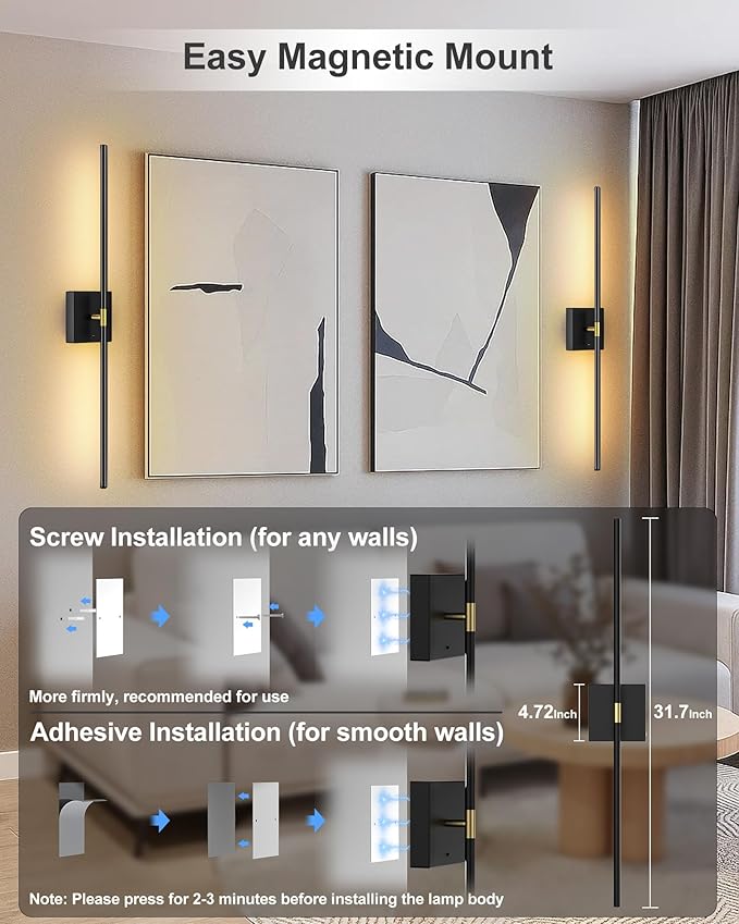 Battery Operated Wall Sconce Set of 2: Rechargeable Wall Lights Wireless Sconces with Touch and Remote, 360° Rotate Magnetic Wall Scone Lighting Decor for Bedroom Living Room Hallway, 31.7Inch