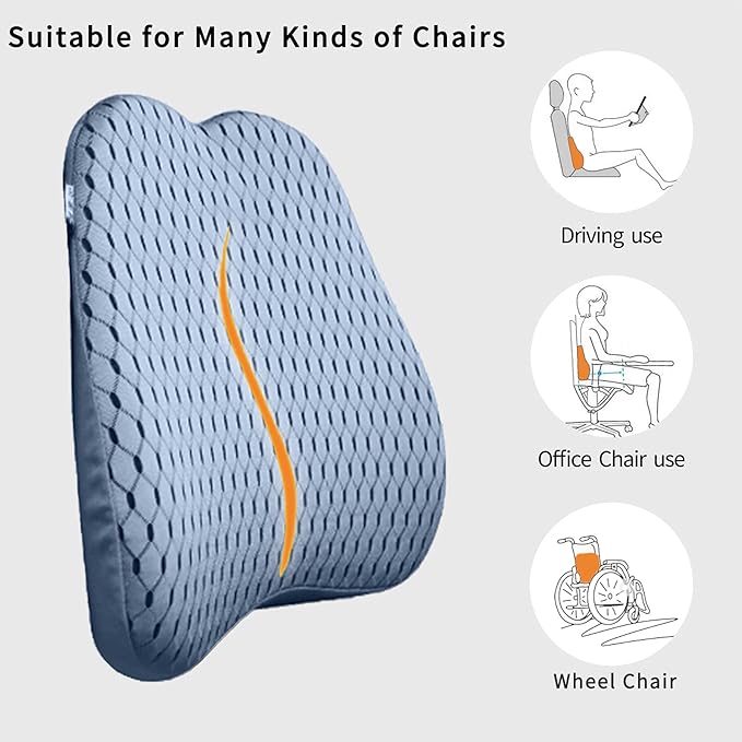 Memory Foam car Lumbar Support Pillow - Memory Foam Back Cushion - Used for car Seats, Office Chairs, recliners, Sofas, etc. (Gray)