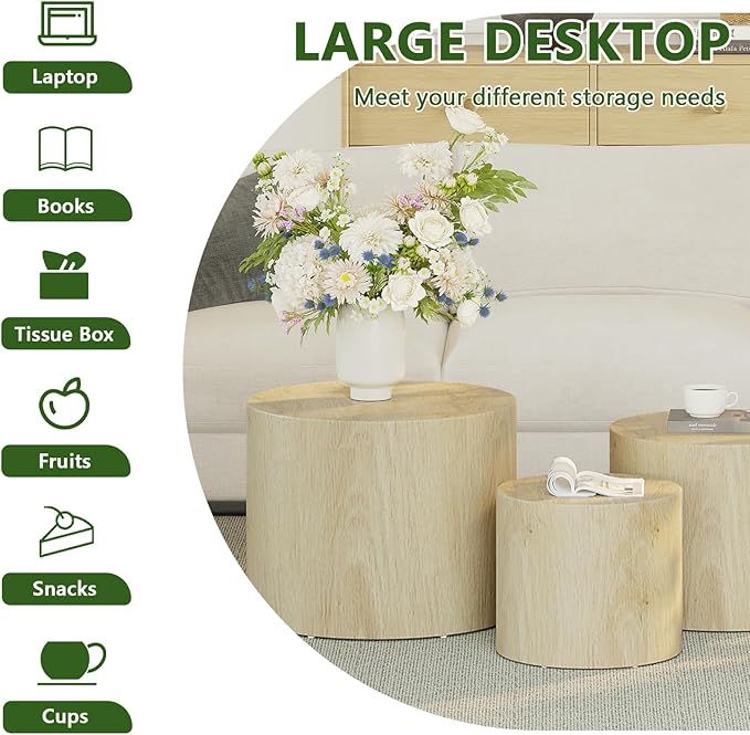 Vikiullf Nesting Coffee Table Set of 3, Round Wooden Coffee Tables, Modern Circle Table for Living Room Side Table End Table, Saving Space Design and No Need Assembly,Natural Wood Grain
