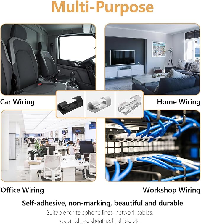 60 Pcs Clear Cable Clips with 3M Adhesive, Wire Holders Under Desk, Cord Management for Wall, Car, Ethernet, PC, Christmas Light Indoor/Outdoor