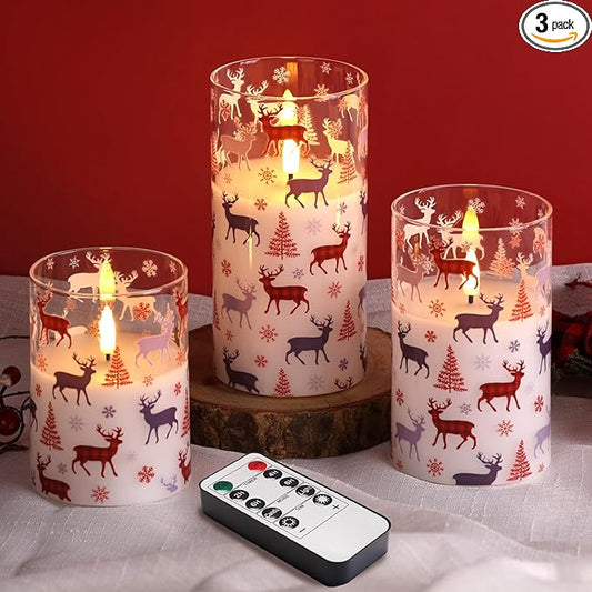 Red Buffalo Plaid Reindeer Christmas Glass Flameless Candles with Remote, Flickering Snowflakes Tree Xmas Decorative LED Pillar Candles Set of 3