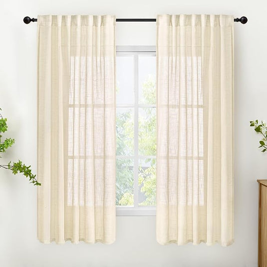 YoungsTex Beige Linen Curtains for Living Room 42 X 63 Inch Length, Cream Semi Sheer Window Drapes Light Filtering Rustic with Rod Pocket Back Tab for Bedroom, 2 Panels