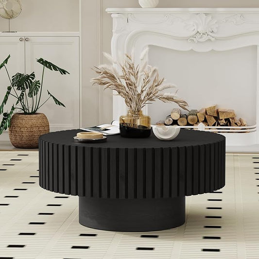 Round Fluted Coffee Table Mid Century Modern Coffee Tables with Handcrafted Relief Circle Drum End Table Rustic Industrial Center Tables for Apartment Living Room (Black Round)