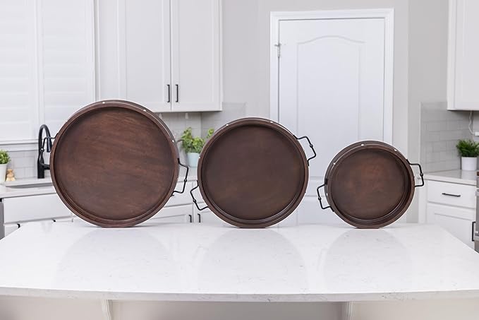 16" Large Round Ottoman Tray, Heavy Duty Mango Wood, for Serving Tea, Breakfast in Bed, Living Room Large Coffee Table Tray Rustic with Farmhouse Style, Decorative Handles and Accent Strap