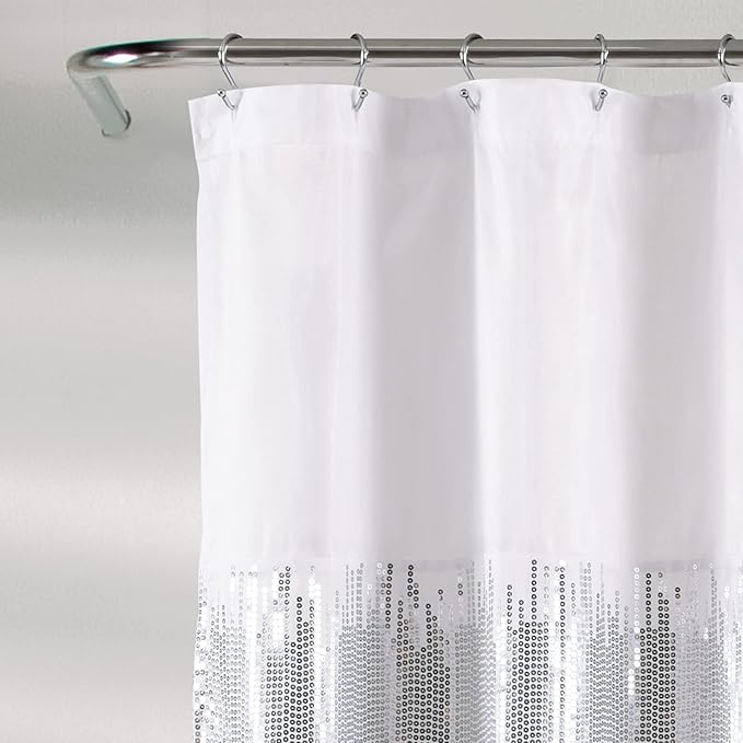 Lush Decor Night Sky Shower Curtain, Single, 72" W x 72" L, White & Blue - Sequin Shower Curtain - Sparkly Color Block Bath Curtain - Modern Glam Bathroom Decor