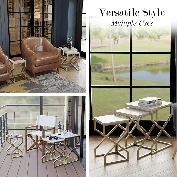 Relso Helix Nesting End Tables - Ceramic Tile Top with Gold Metal Frame - Set of 3 Accent Tables for Living Room Bedroom Entryway - Small Coffee Tables, Modern Nightstand, Durable Design | No Assembly