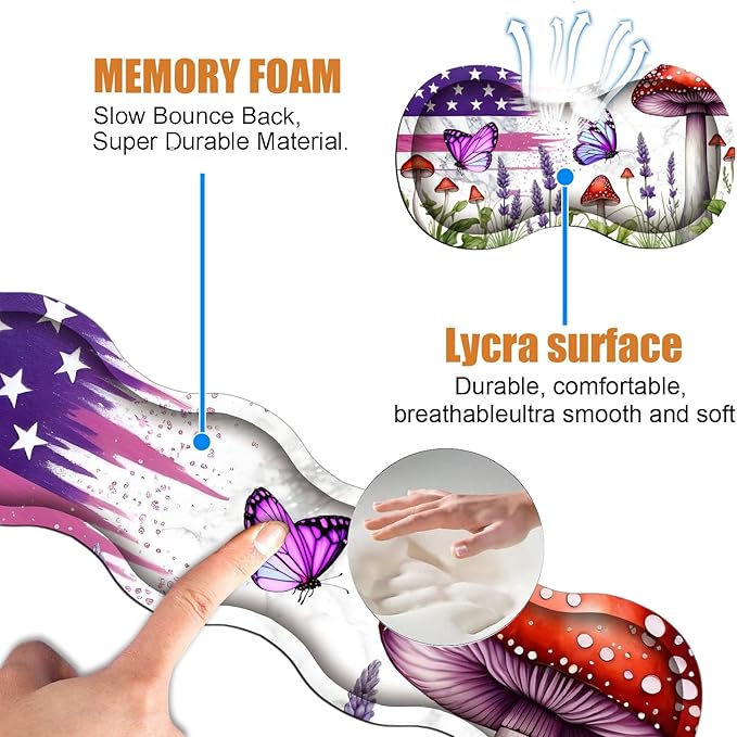 4 in 1 Ergonomic Keyboard Wrist Rest & Mouse Pad Wrist Rest Set, Large XXL Gaming Desk Mat 31.5"x 11.8" with Non-Slip Base, Memory Foam for Home Office Study Gaming, American Flag Mushroom Butterfly