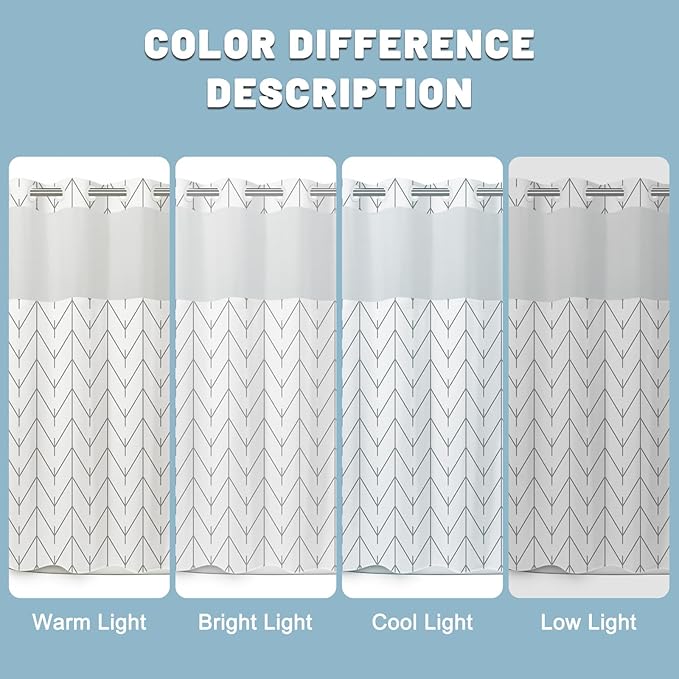 No Hook Geometric Striped Shower Curtain with Snap in Liner Set - Hotel Shower Curtain and Liner Set with See Through Mesh Top Window,Machine Washable, 71x74 INCH - Grey & White Herringbone