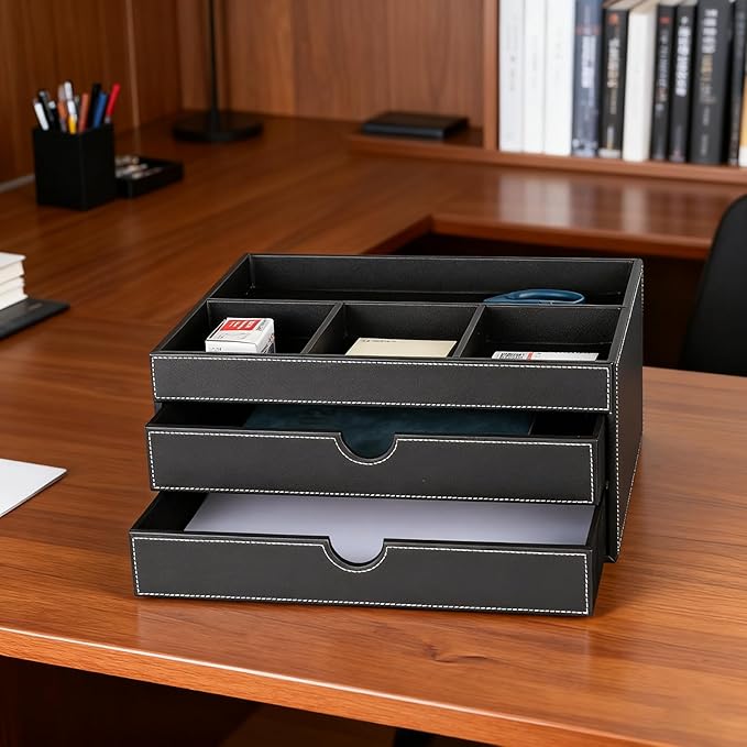 Household Multifunctional Desktop Storage Cabinet, Office file Cabinet Made of Leather, Drawers and Four Separate Organizers, Storage Box on the Bedside Table in the Room (black)