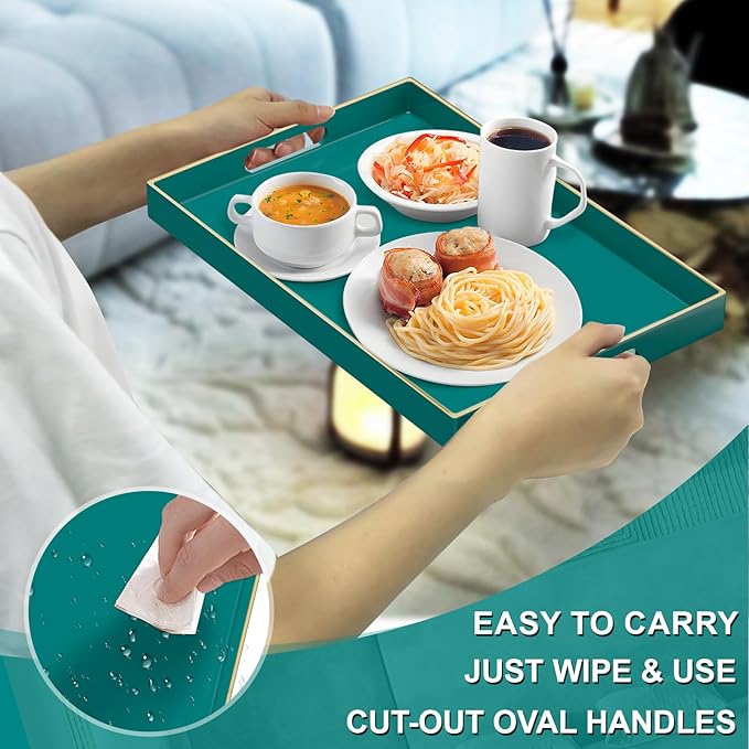 MAONAME Green Serving Tray with Handles, Rectangular Decorative Tray, Modern Coffee Table Trays, Plastic Ottoman Trays for Bathroom, Decor, 15.7” x 11.8” x 1.57"