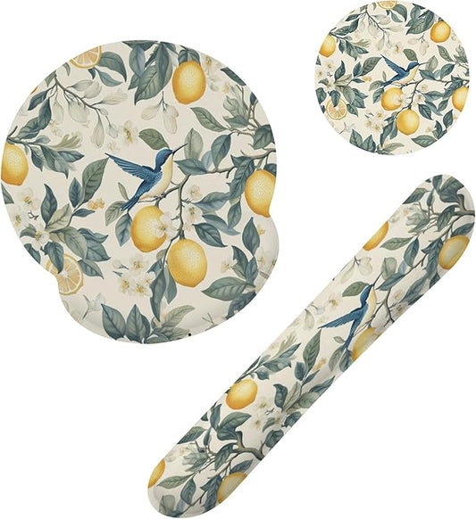 Hummingbird Vintage Lemon Mouse Pad with Wrist Rest Set, 3-in-1 Wrist Support Mousepad Set, Gaming Mat Pad with Anti-Skid Base,Ergonomic Memory Foam Mouse Pad Set for Women, Office, Typing, Gaming
