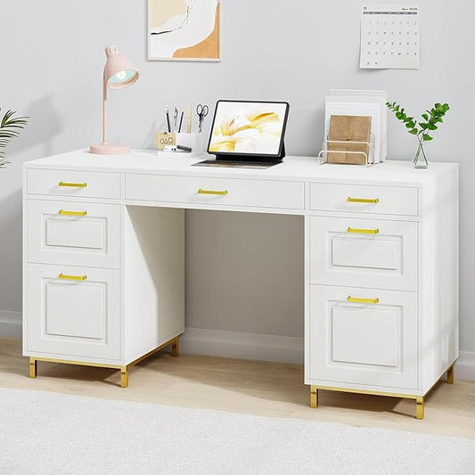 White and Gold Desk with 2 File Drawers, 57 Inch Office Computer Desk with 7 Drawers, White Desk with Storage, Wooden Executive Desk for Office, Workspace for Work Study Writing