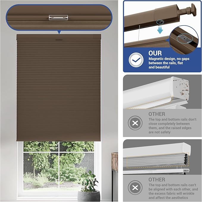No Drill No Tools Cellular Shades Top Down Bottom Up Blackout Blinds for Windows Cordless Honeycomb Window Shades Easy to Install for Home, Blackout-Dark Brown, Customized Size