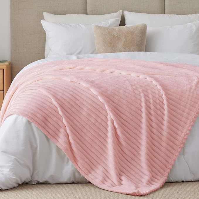 BEDELITE Full Size Blanket for Bed, 300GSM Soft & Warm Fleece Pink Blanket, Decorative and Giftable Striped Blankets for Women, Men, 84"x90"