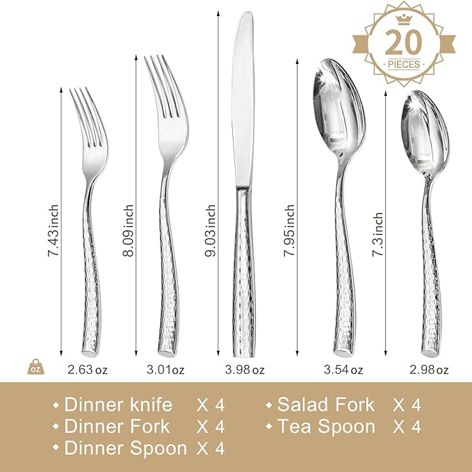 Kingstone Hammered Silverware Set, 20-Piece Flatware Set for 4, 18/10 Stainless Steel Heavy Duty Cutlery Set, Mirror Polished Utensil Sets for Home, Restaurant, wedding, Dishwasher Safe