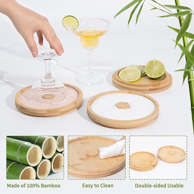 3-Tier Bamboo Margarita Salt Rimmer Set with Garnish Tray - Bartender Tool for Salt, Sugar & Lime - Fits Glasses up to 5.5" for Bars, Home, Parties