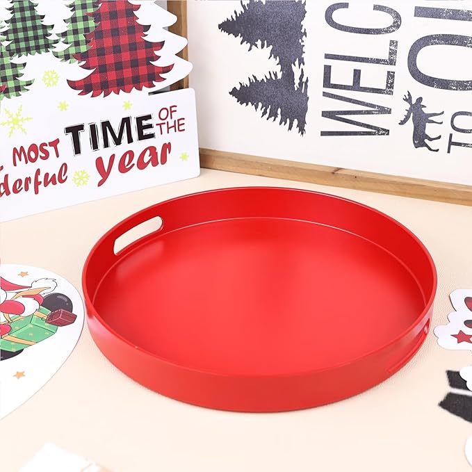 Round Red Decorative Serving Tray with Handles, 13” Versatile Ottoman Tray for Coffee Table, Entertaining, Outdoor Patio, Living Room