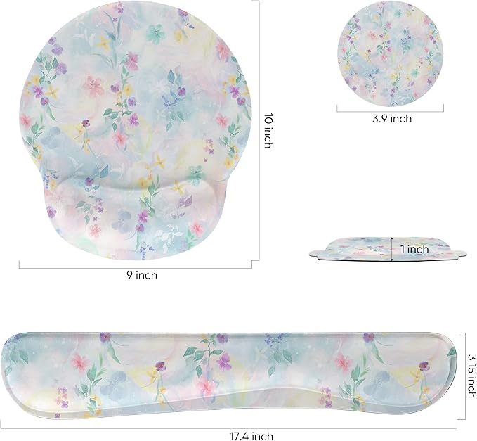 Ergonomic Keyboard Mouse Pad Wrist Rest Support Set for Laptop/Computer/Desktop,Memory Foam Hand Rest Wrist Cushion for Gaming/Office,Lightweight Comfortable & Pain Relief (Colorful Flowers)