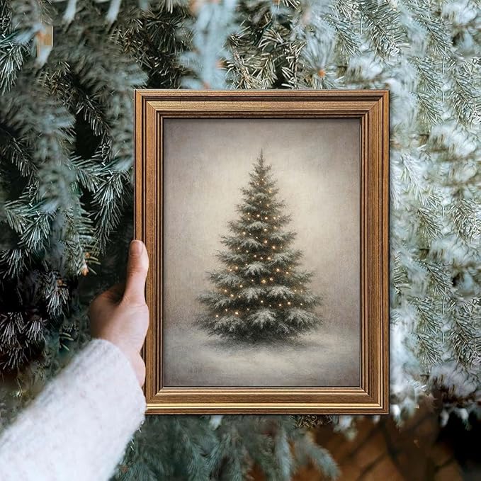 Gold Framed Vintage Christmas Tree Canvas Wall Art Farmhouse Rustic Pine Tree Winter Print Botanical Holiday Decor for Living Room Bedroom Entryway (Vintage Christmas Tree, 12L" x 9.5W")