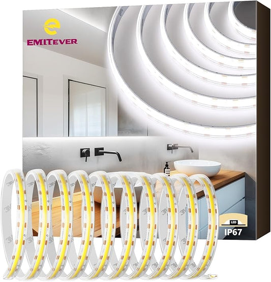 EMITEVER COB LED Strip Lights Waterproof IP67, 5000K White Outdoor 24V Dimmable Silicone LED Tape Lighting 16.4ft High Density, 300+LM/ft, 2400LEDs,3W/ft, UL Listed (Power Supply Not Included)