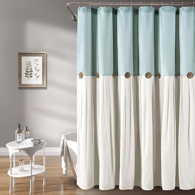 Awellife Farmhouse Blue Shower Curtain Button Linen Textured Woven Fabric,Country Style,72x72 Inch