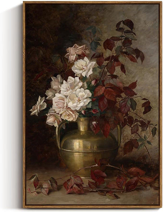 VIYYIEA Vintage Floral Large Framed Wall Art, Rose Bouquet Flower Paintings Decor Aesthetic, 20x30 Inch Canvas Print Artwork, Still Life Retro Wall Pictures for Bedroom Living Room