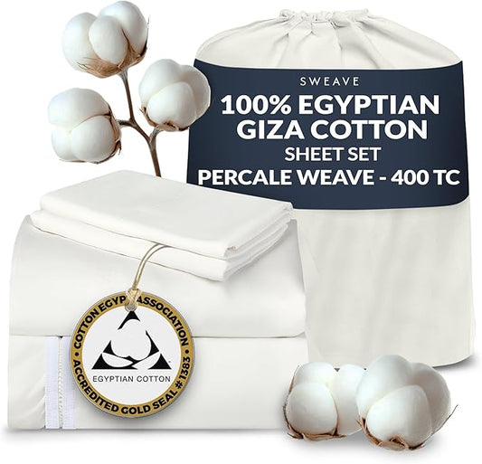 100% Egyptian Cotton Percale Sheets Queen Size - Genuine Luxurious 400 Thread Count - Naturally Crisp, Breathable, Skin-Friendly & Cooling - Softer After Each Wash - Oeko-TEX Certified Giza