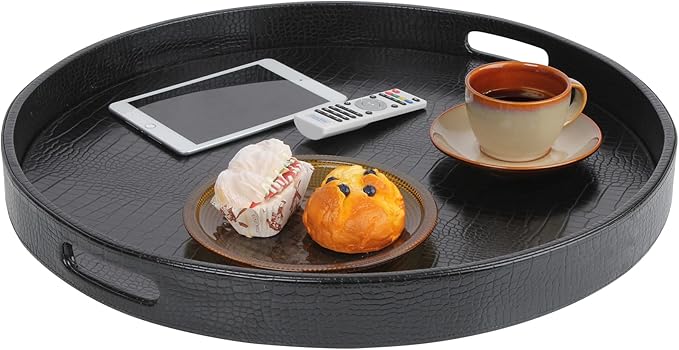 HofferRuffer Extra Large Round Serving Tray, Elegant Faux Leather Circle Ottoman Table Tray with Handles, Serve Tea, Coffee or Breakfast in Bed, Diameter 23.6 x 2.4 inches Height (Black)
