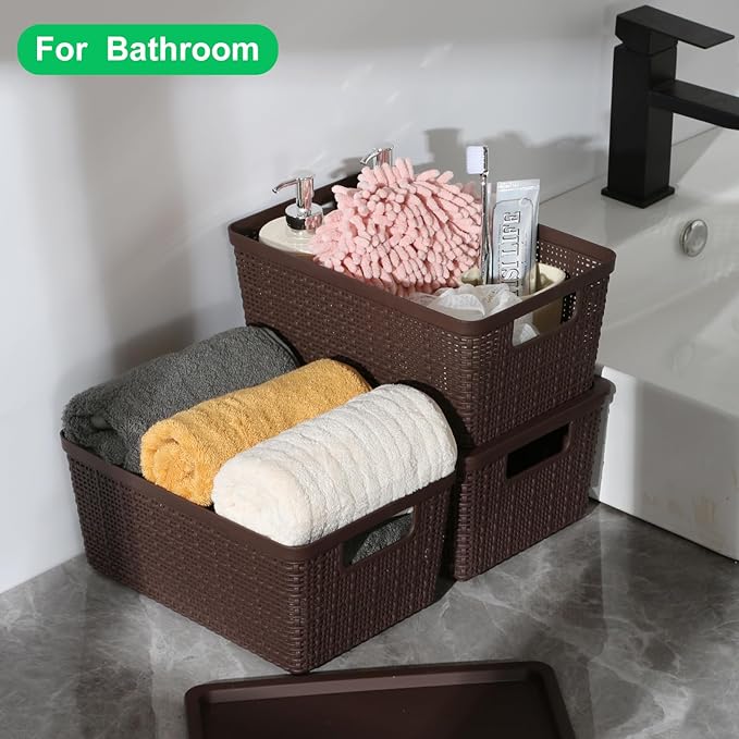 6 Pack Plastic Storage Baskets With Lids,Brown Breathable Stackable Storage Bins,Small Storage Containers,for Organizing Storage Baskets on Desktops,Closets,Playrooms,Classrooms,Offices