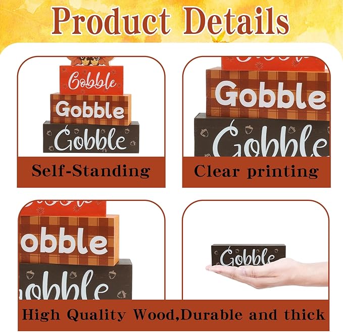 4 Pcs Thanksgiving Fall Tiered Tray Decor Fall Tabletop Decor Turkey Wooden Signs Thanksgiving Centerpiece Rustic Wood Turkey Block Sign Wood Farmhouse Vintage Ornaments for Home Kitchen Mantel