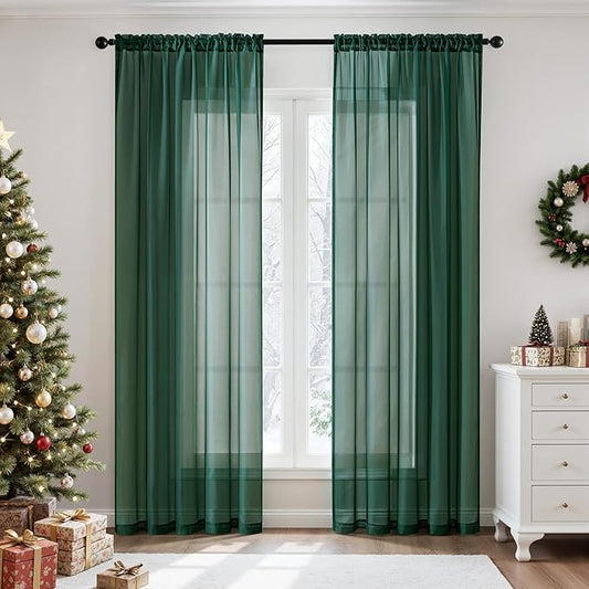 MIULEE 2 Panels Christmas Solid Color Sheer Window Curtains Elegant Window Voile Panels/Drapes/Treatment for Bedroom Living Room (54X108 Inches Hunter Green)
