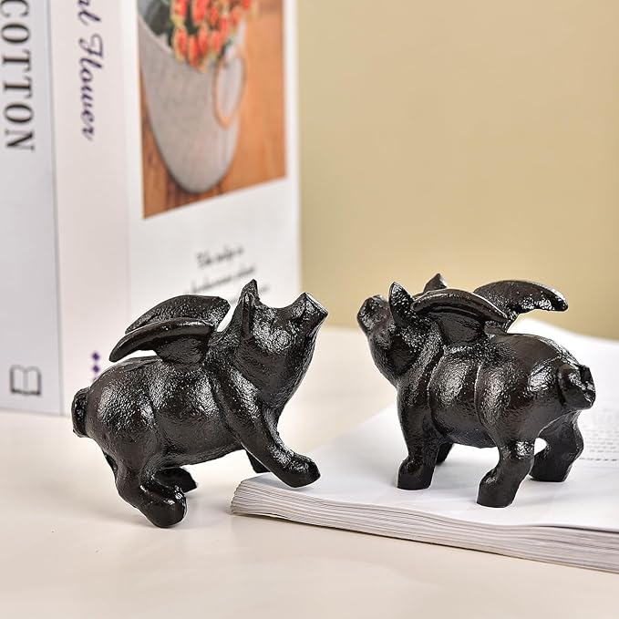 Sungmor Whimsical Cast Iron Flying Pig Statue, 2pcs Rustic Black Cute Little Piggy Paperweight, Garden Collection Figurine Home Office Desk Ornament, Indoor Outdoor Animal Statues