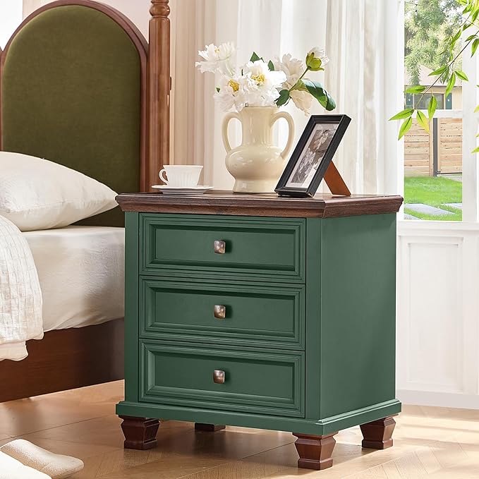 Farmhouse Nightstand with 3 Drawers, Rustic Couch End Table with 4 Square Solid Wood Legs, Mid-Century Vintage Bed Side Table with Storage, Small Dresser for Bedroom, Living Room, Green