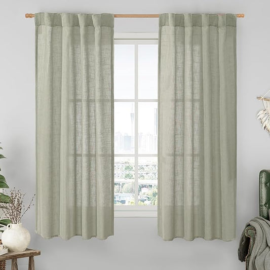 LAMIT Linen Curtains 63 Inch Length 2 Panels, Light Filtering Panels Back Tab and Rod Pocket Neutral Drapes for Bedroom/Window/Living Room, Sage Grey, 34 x 63 Inch
